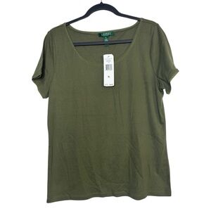 Lauren Ralph Lauren Olive Green Gold Metallic Trim 100% Cotton T Shirt XL New
